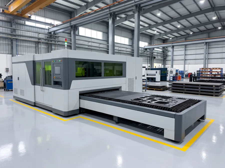 A fiber laser cutting machine with its exchange table in a clean factory