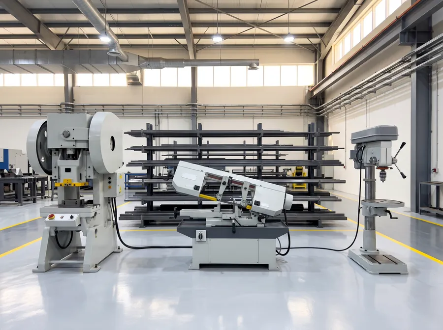 A power press, bandsaw and pillar drill in a clean workshop