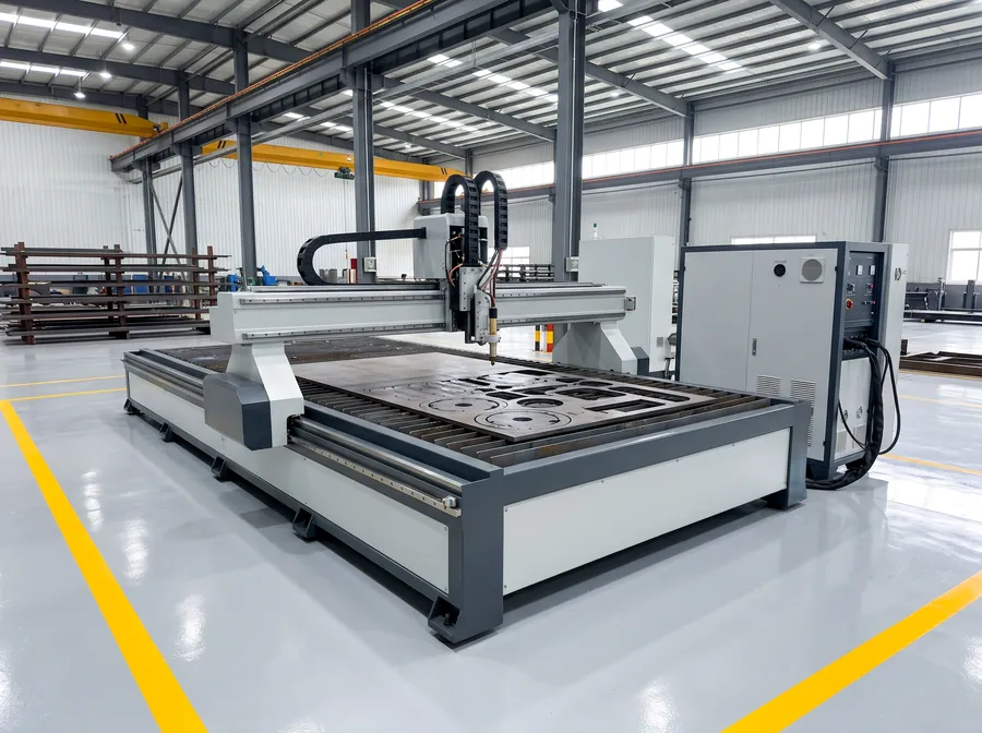 A CNC plasma cutting table with cut plate on the slats
