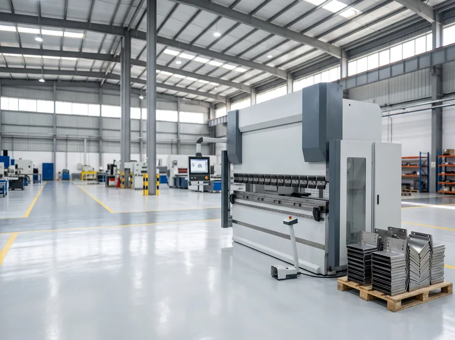 A CNC press brake with a pallet of bent brackets in a clean factory
