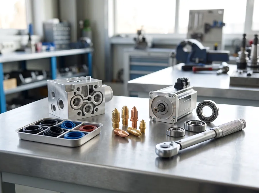 Hydraulic valve block, seals, bearings and a servo motor on a workbench
