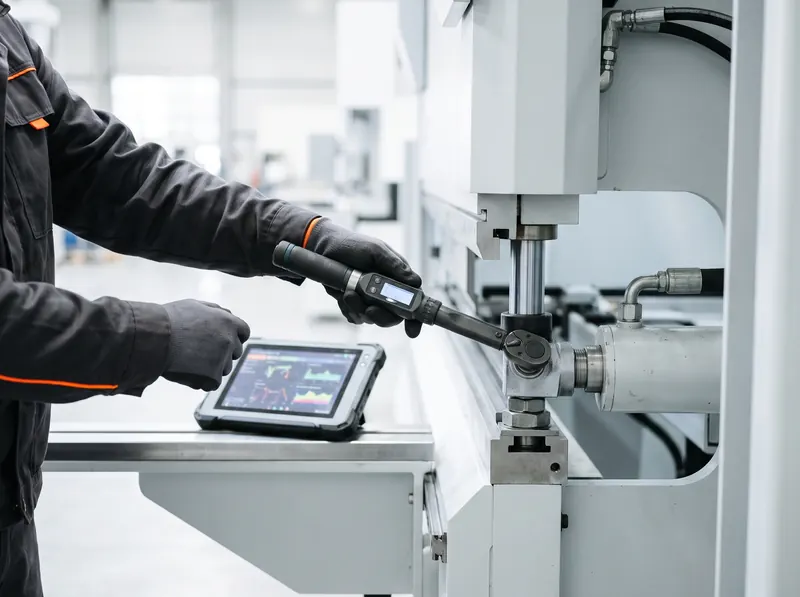 Gloved hands tightening a hydraulic fitting on a press brake with a torque wrench, diagnostic tablet alongside