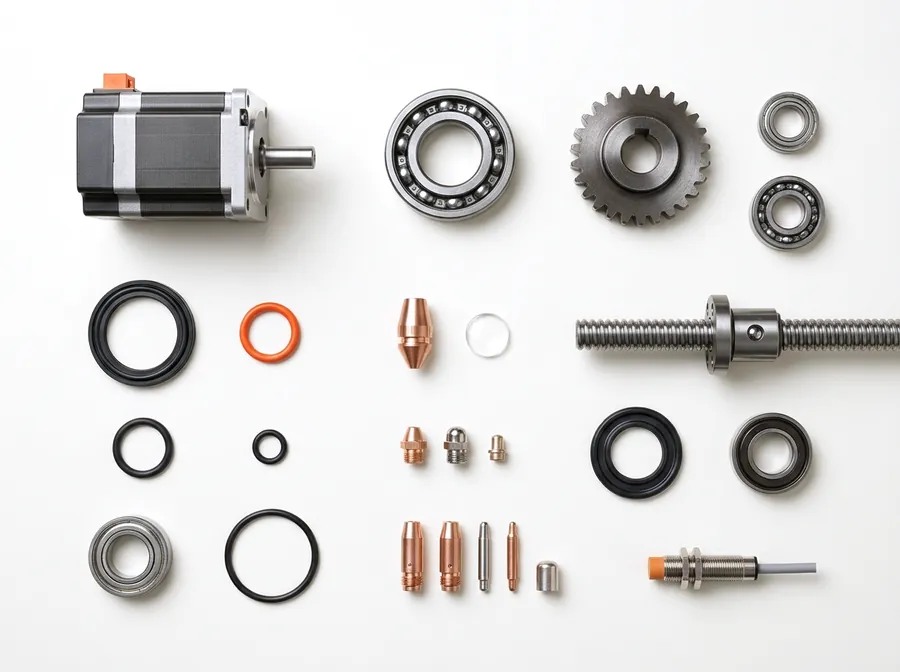 Servo motor, bearings, gears, ball screw, seals and cutting consumables laid out in a grid