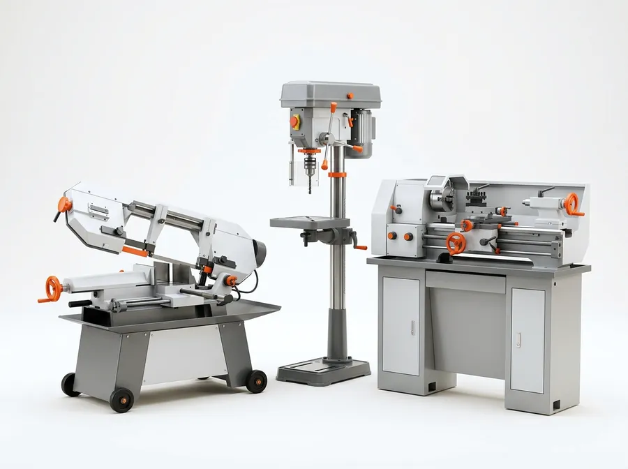 Bandsaw, pillar drill and metal lathe